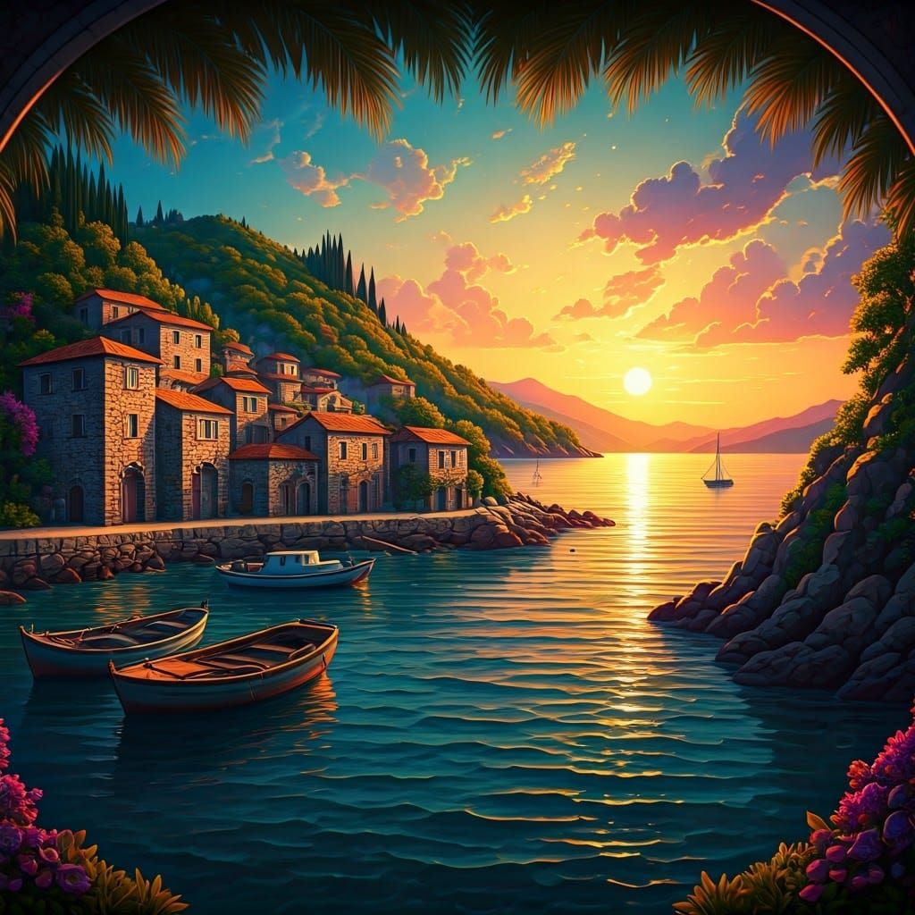 Seaside Village Under Golden Sunset in Cosmic Holographic St...