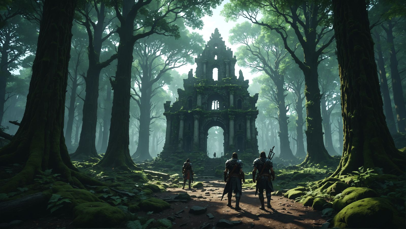 Adventurers Approach Ruins in Dark Fantasy Forest
