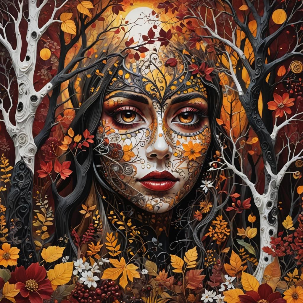 Jack o lantern Fall  colors  mixed media painting of a an autumn  Halloween forest,  zentangle, beautiful crazy flowers,...