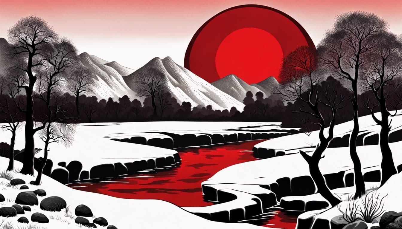 Giant Red Sun Over Winding River and Silhouetted Trees