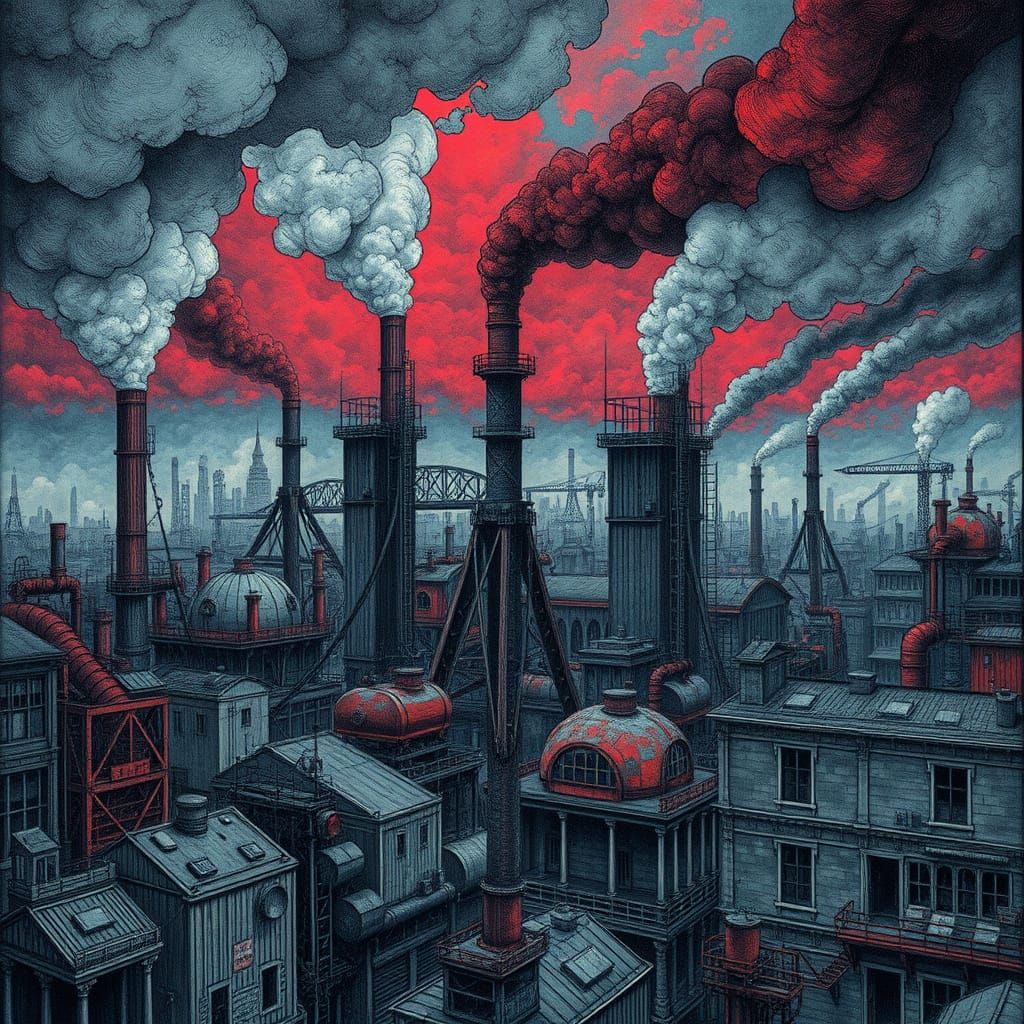 Dystopian Industrial Metropolis in a Vivid Engraving Style