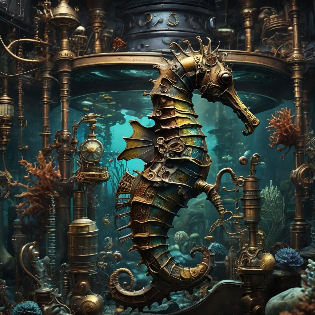 Steampunk Seahorse Aquarium with Alien Creatures