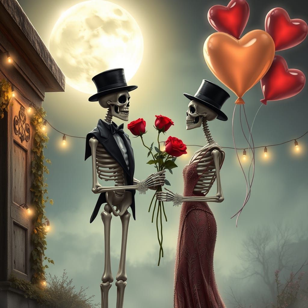 Romantic Skeletons Under Moonlit Sky with Heart-Shaped Ballo...