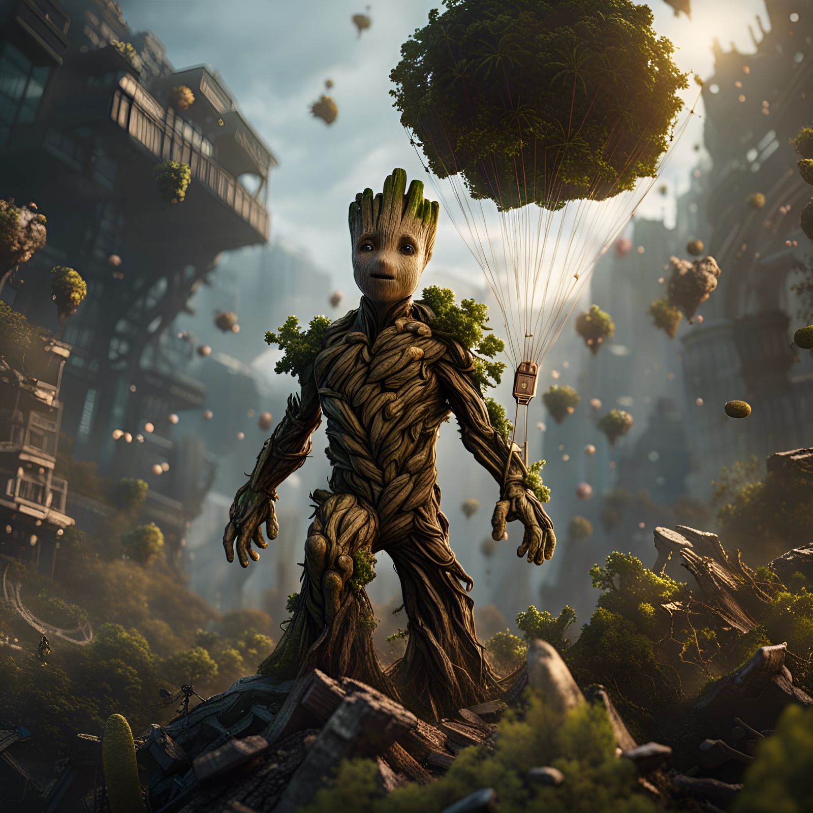 Groot Parachuting to the Rescue: Fantasy Concept Art