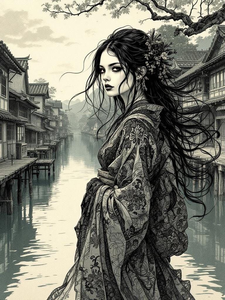 Gothic Japanese Woman in Sepia Twilight, Crosshatching Manga...