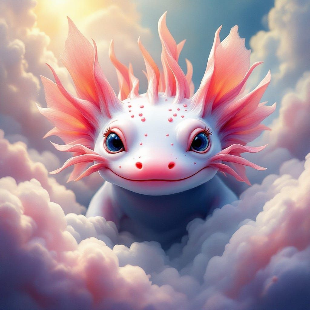 Axolotl Surrounded by Surrealistic Clouds in Dreamlike Water...
