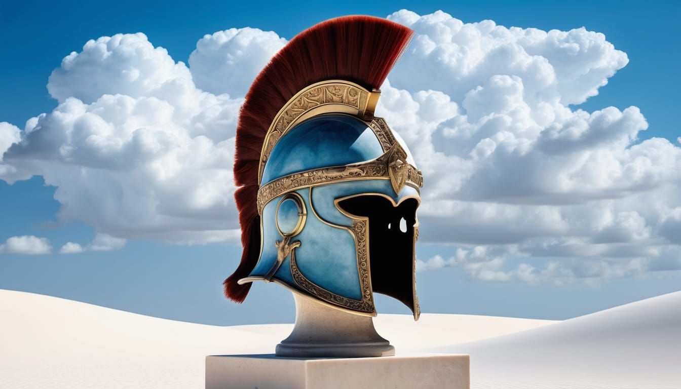 Surreal Roman Helmet in Desert Landscape