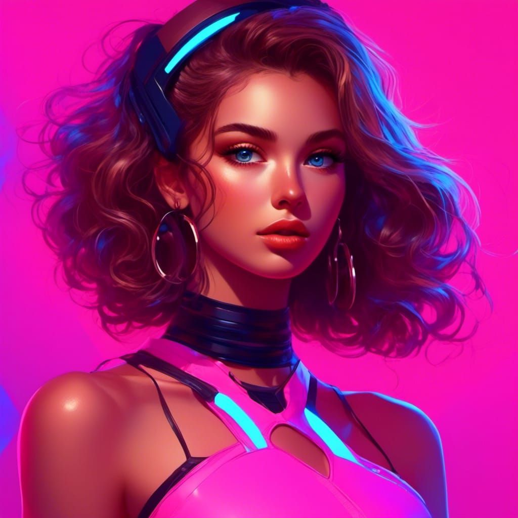 Cute Girl in Pink Dress, Synthwave Neon Retro Style