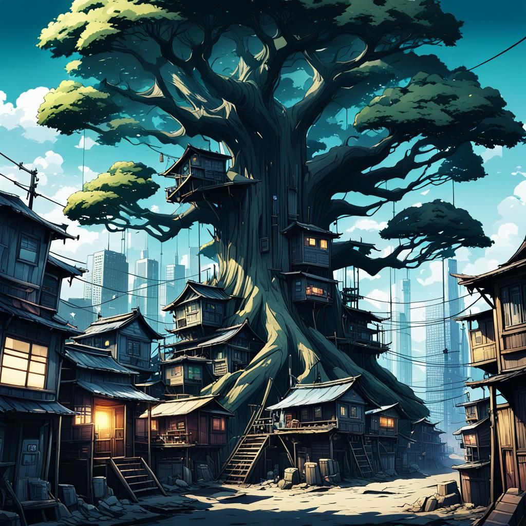 Dark Shantytown Tree City in Anime Style