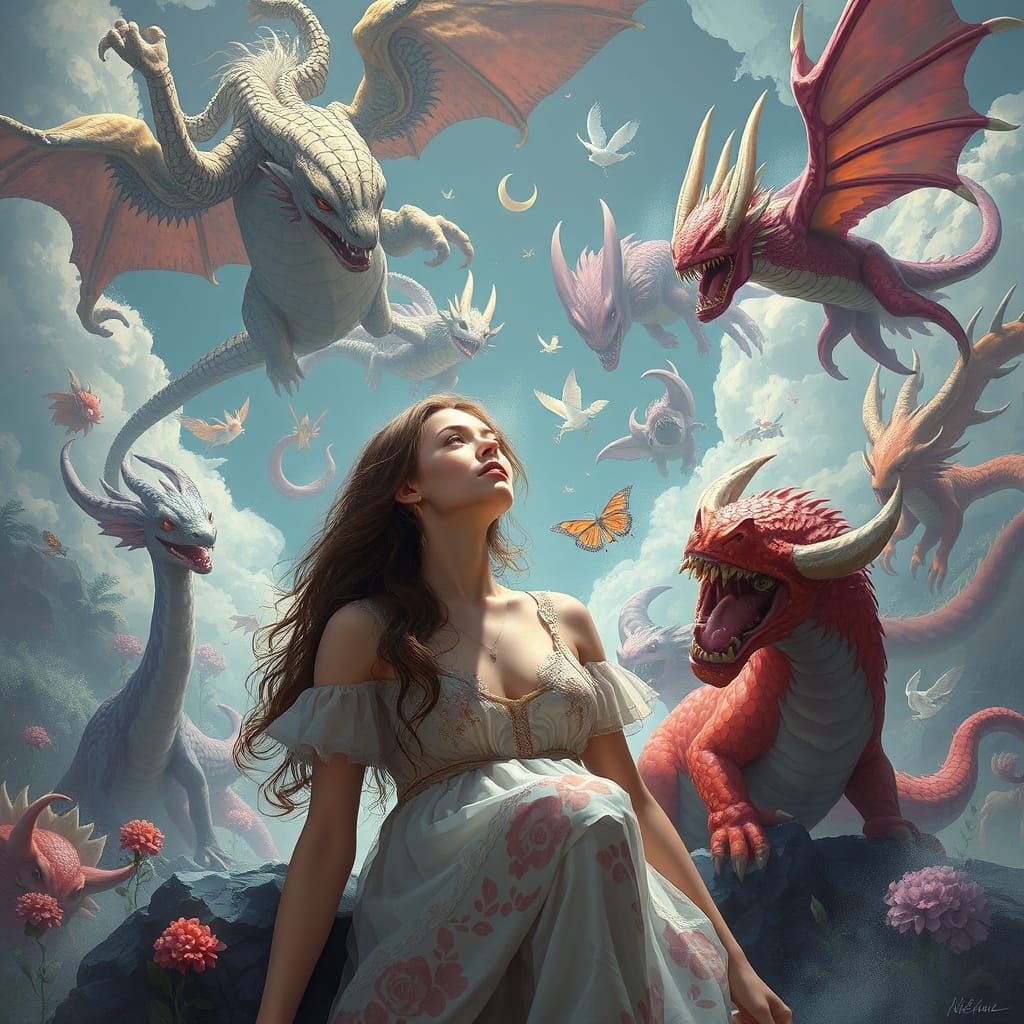 Whimsical Woman in Surreal Fantasy Realm