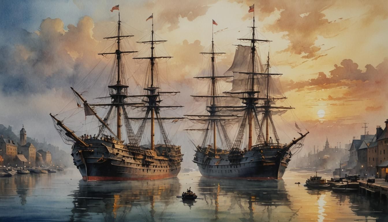 Golden Hour Galleon in Watercolor Impasto Style