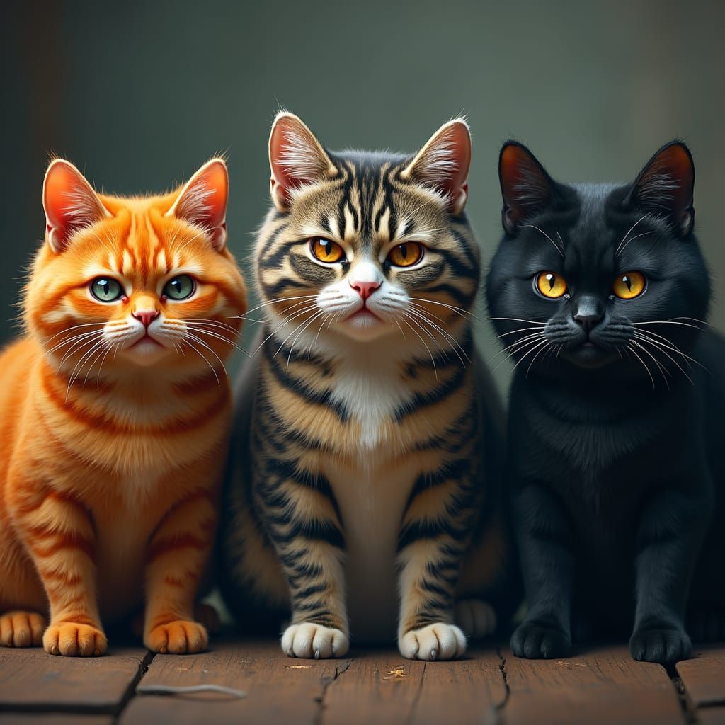 Three Disgruntled Cats Gaze Intently, Detailed Digital Paint...