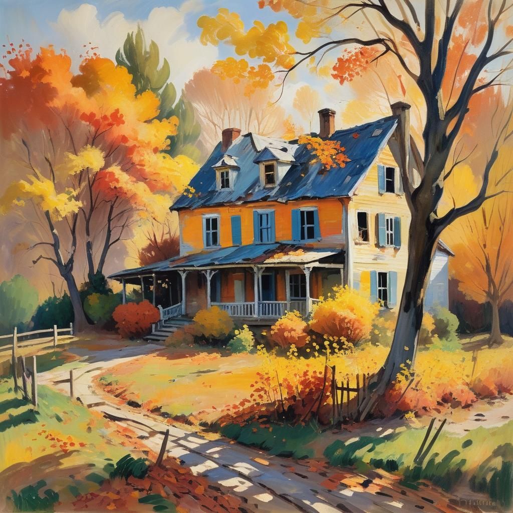 Impressionist Autumn Landscape Painting with Dilapidated Hou...