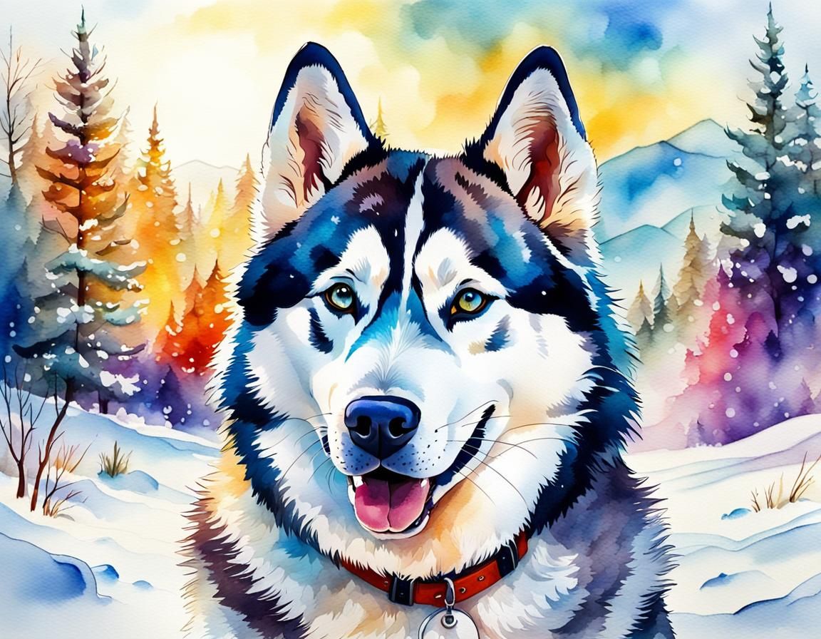 Happy Husky Portrait in Winter Watercolor Style