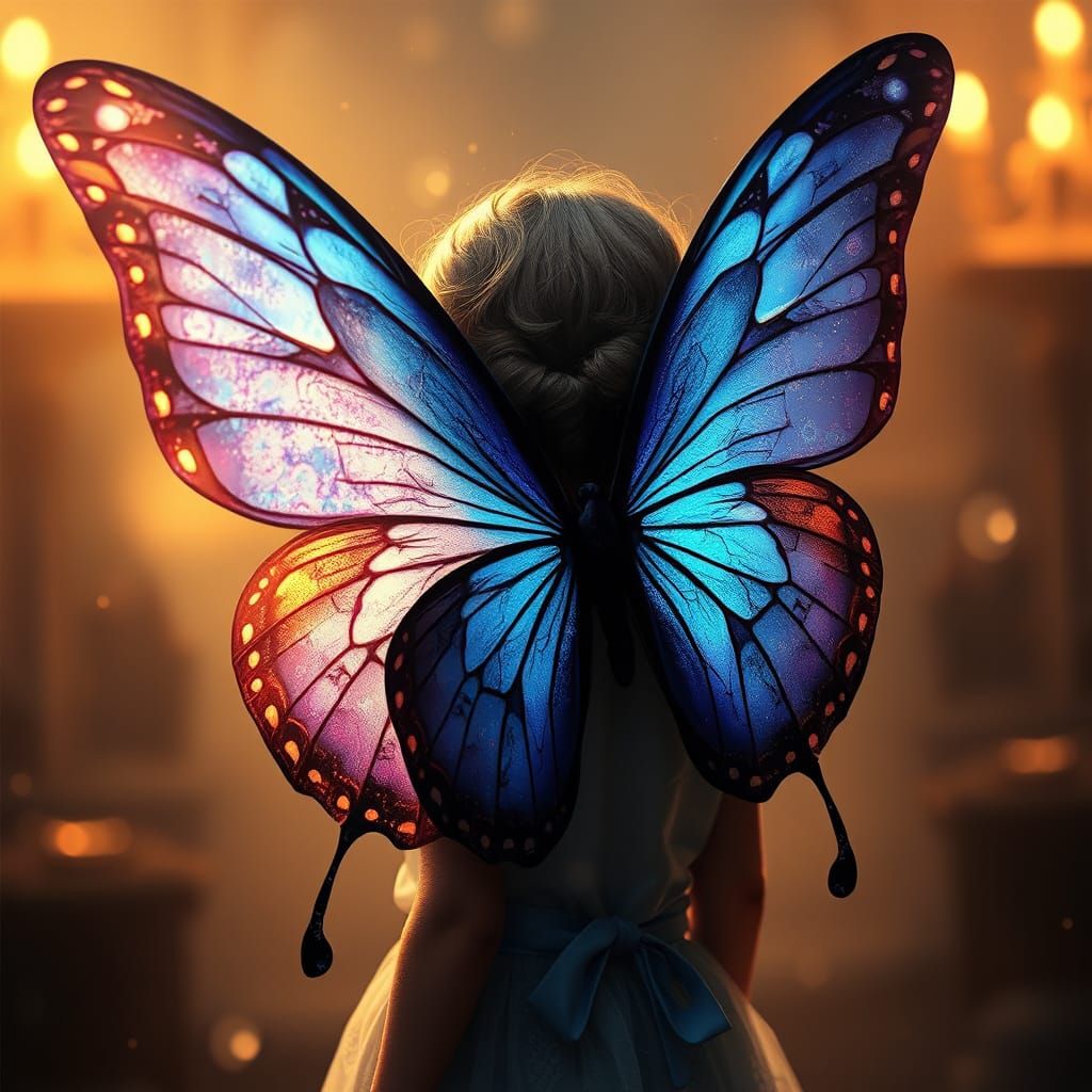 Little Girl Soars with Vibrant Blue Butterfly Wings