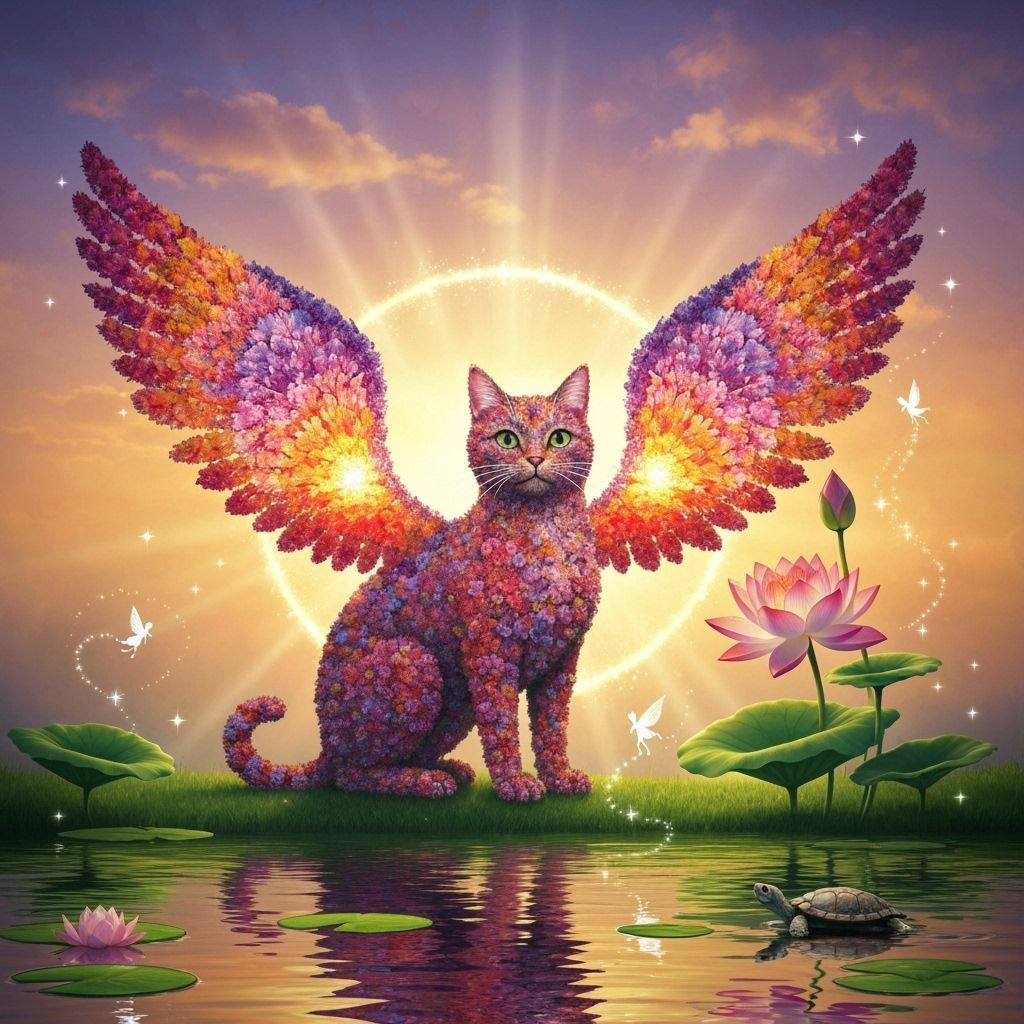 Whimsical Floral Cat Ascends a Sunset Sky