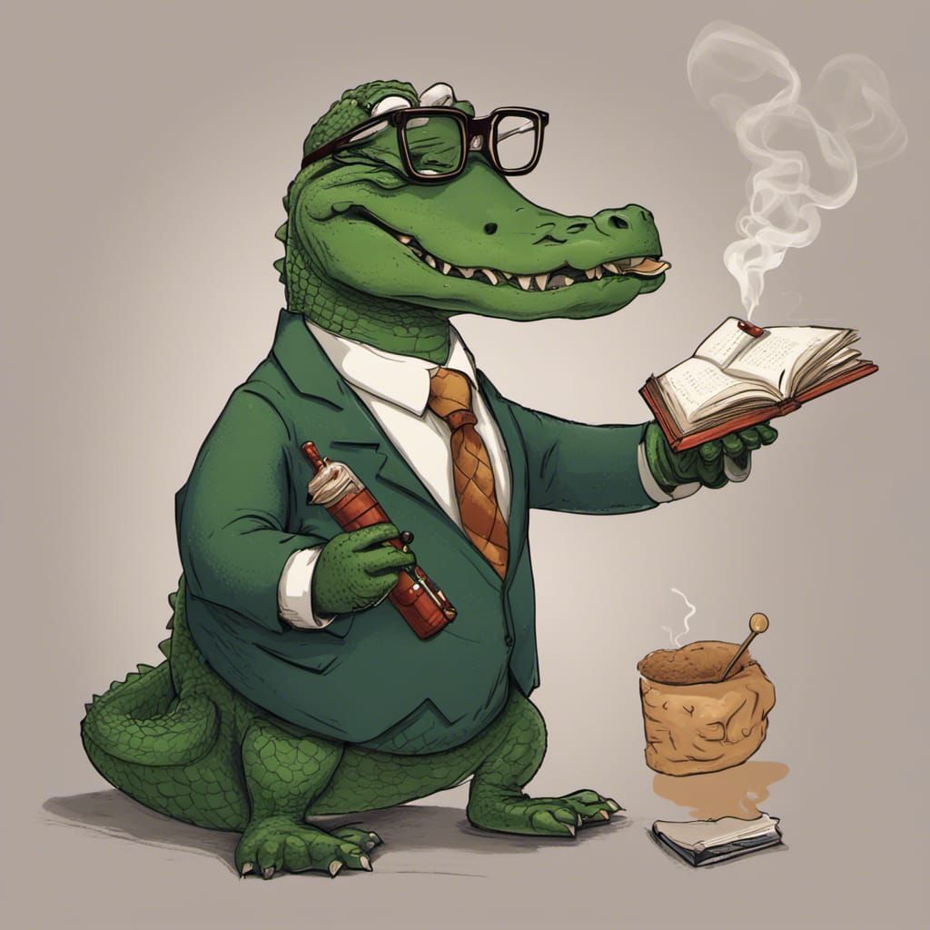 Alligator Reads Book with Pipe and Glasses