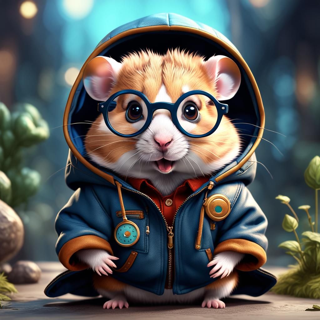 A cute hamster in jacket, wearing a round glasses, cute, lovely