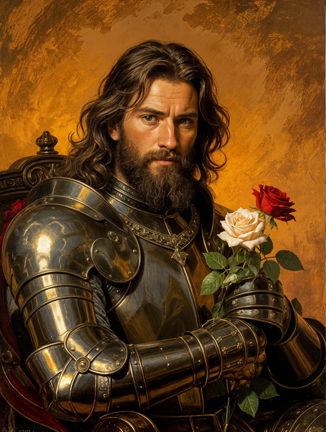 Knight with Rose: Rembrandt-Style Oil Painting