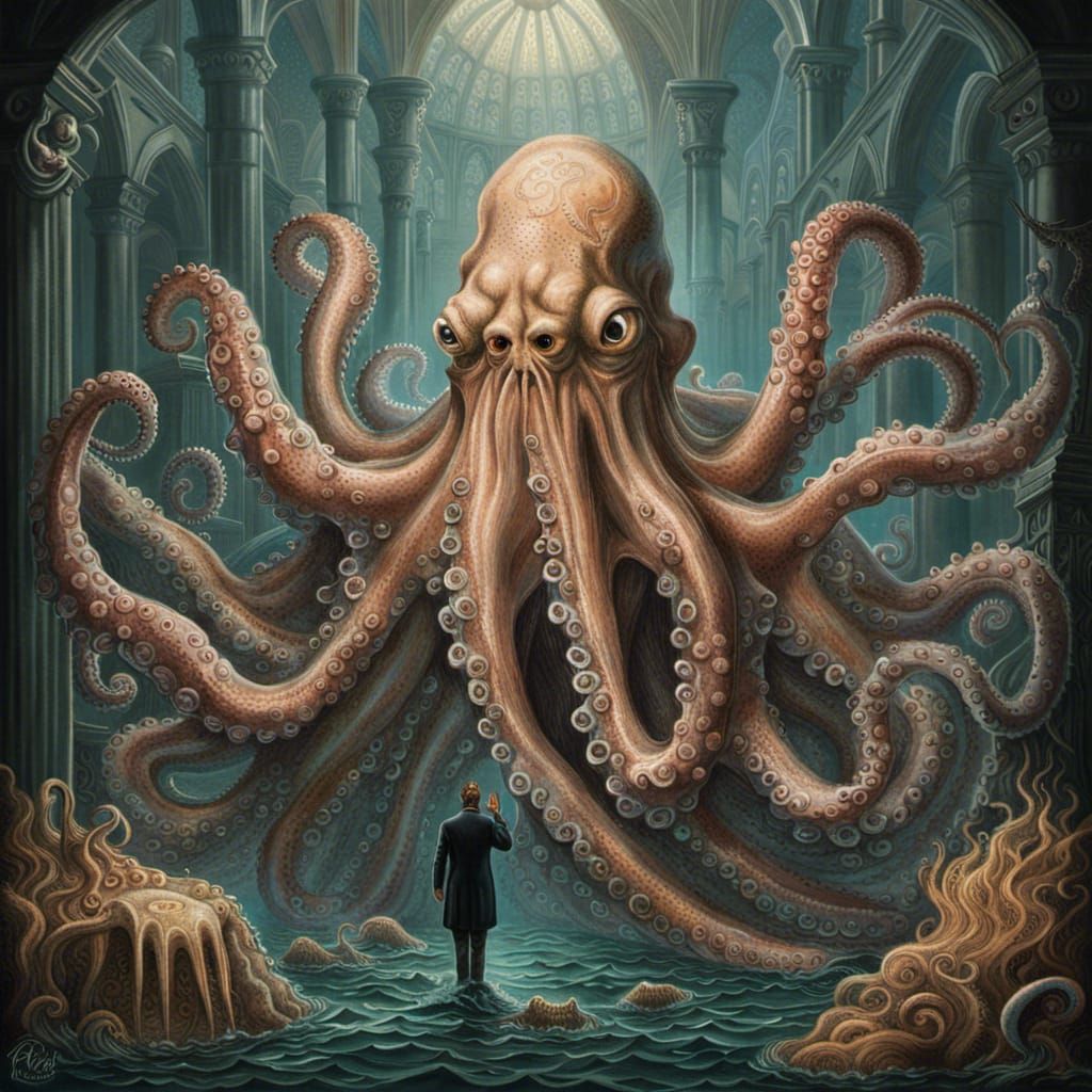 Underwater Cathedral with Priest of Cthulhu