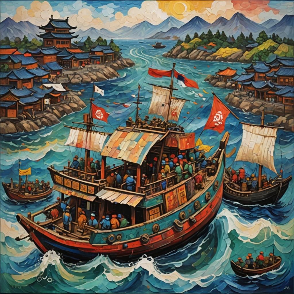 Korean Turtle Ship Victory: Neo-Impressionist Oil Painting