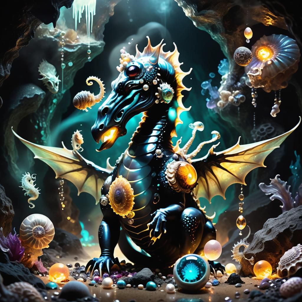 Chimera, Scarab, and Seahorse in Neon Ink Splatter Style