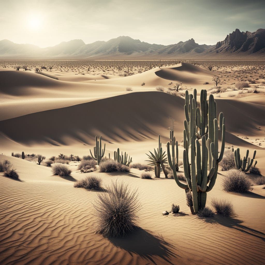 Vintage Desert Landscape with Cacti and Sand Dunes