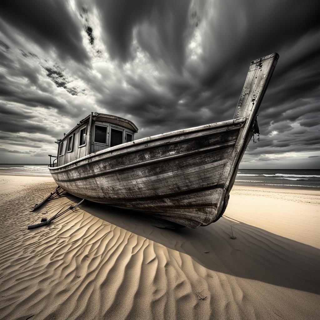 Boat on Sandy Beach: Hyperdetailed Charcoal Drawing