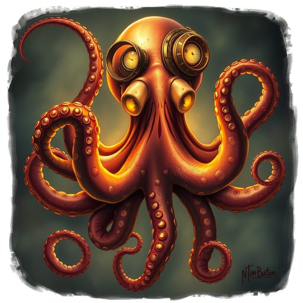 Surreal Steampunk Octopus Illuminated in Whimsical Tim Burto...