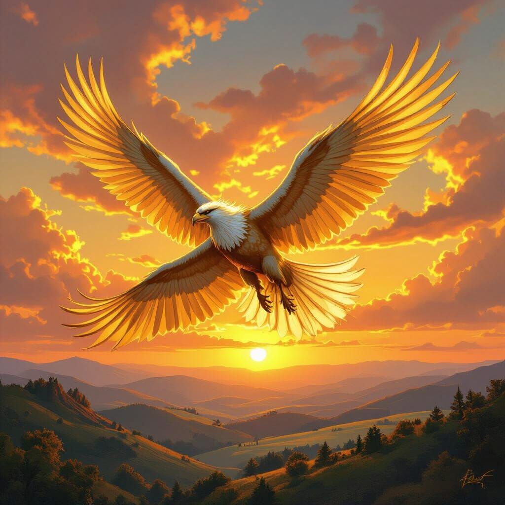 Griffin Soaring Through Sunset Sky, Digital Painting