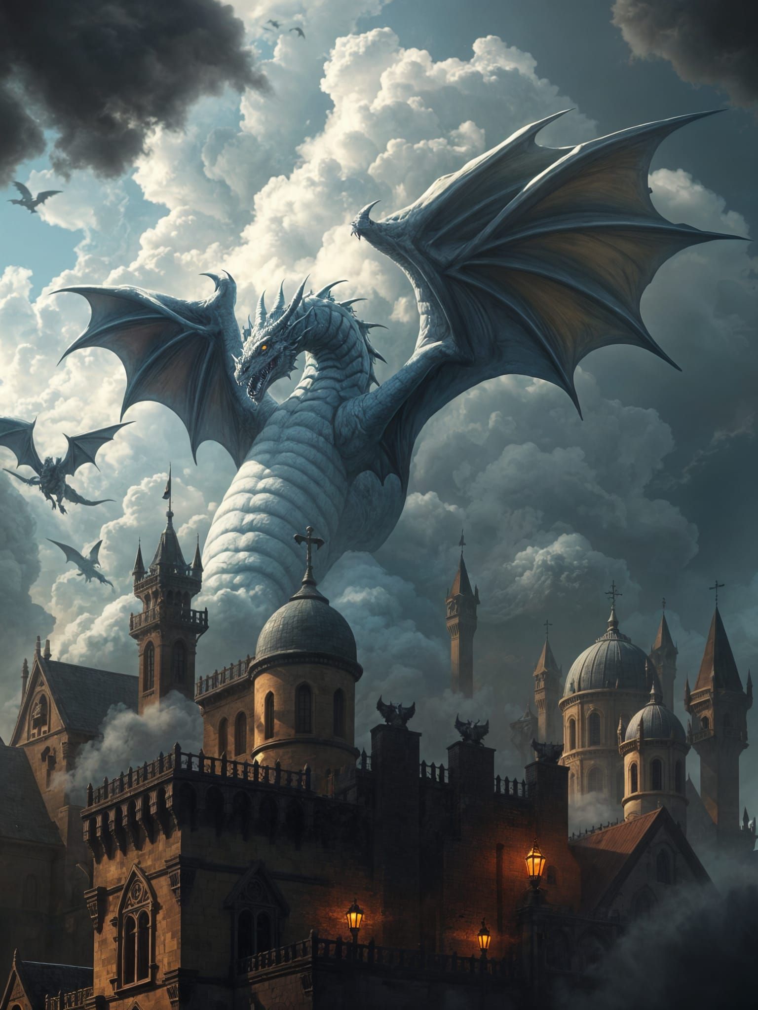 Cloud Dragon Over Medieval City: D&D Digital Art