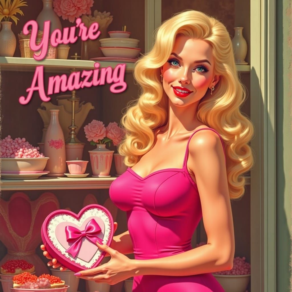 Blonde Pin-Up Girl Holding Heart-Shaped Candy Box in Front o...