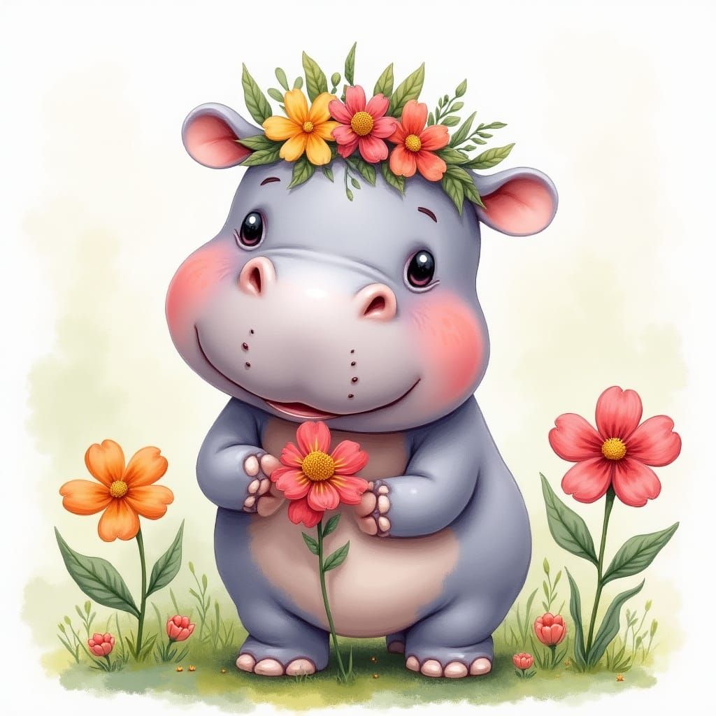 Smiling Hippo with Floral Crown, Watercolor Style