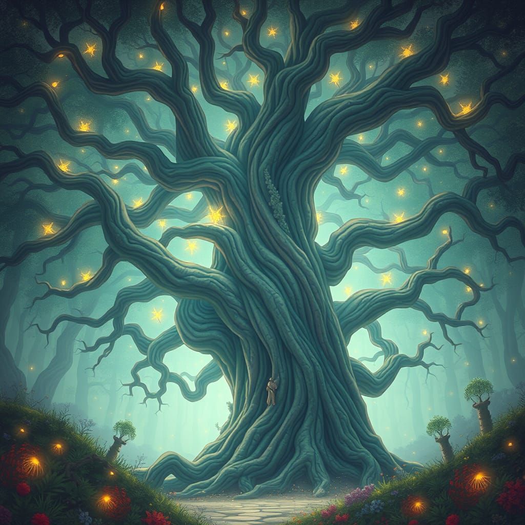 Mystical Tree in Dreamlike Forest, Digital Art