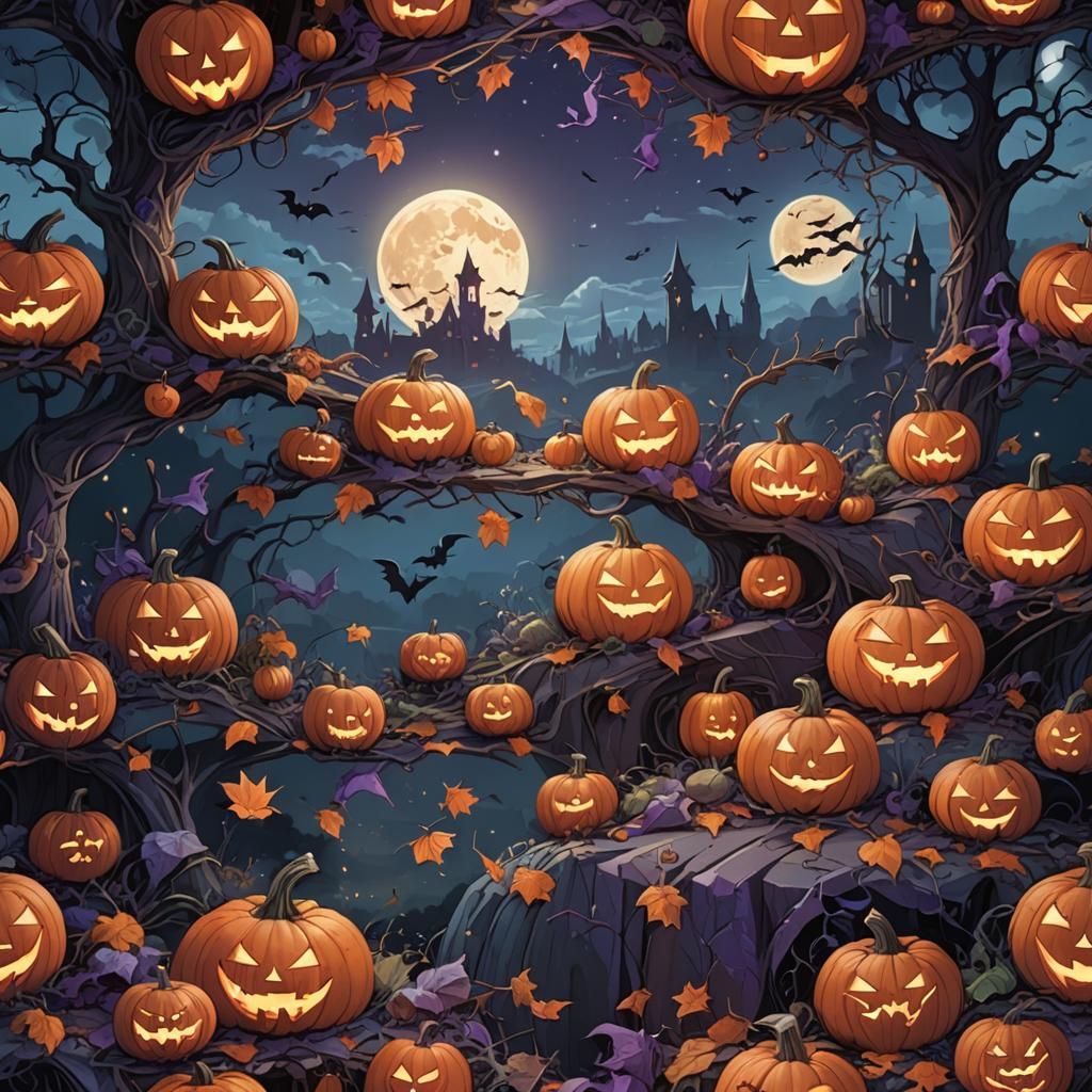 Glowing Pumpkins Under Moonlight: Fantasy Concept Art