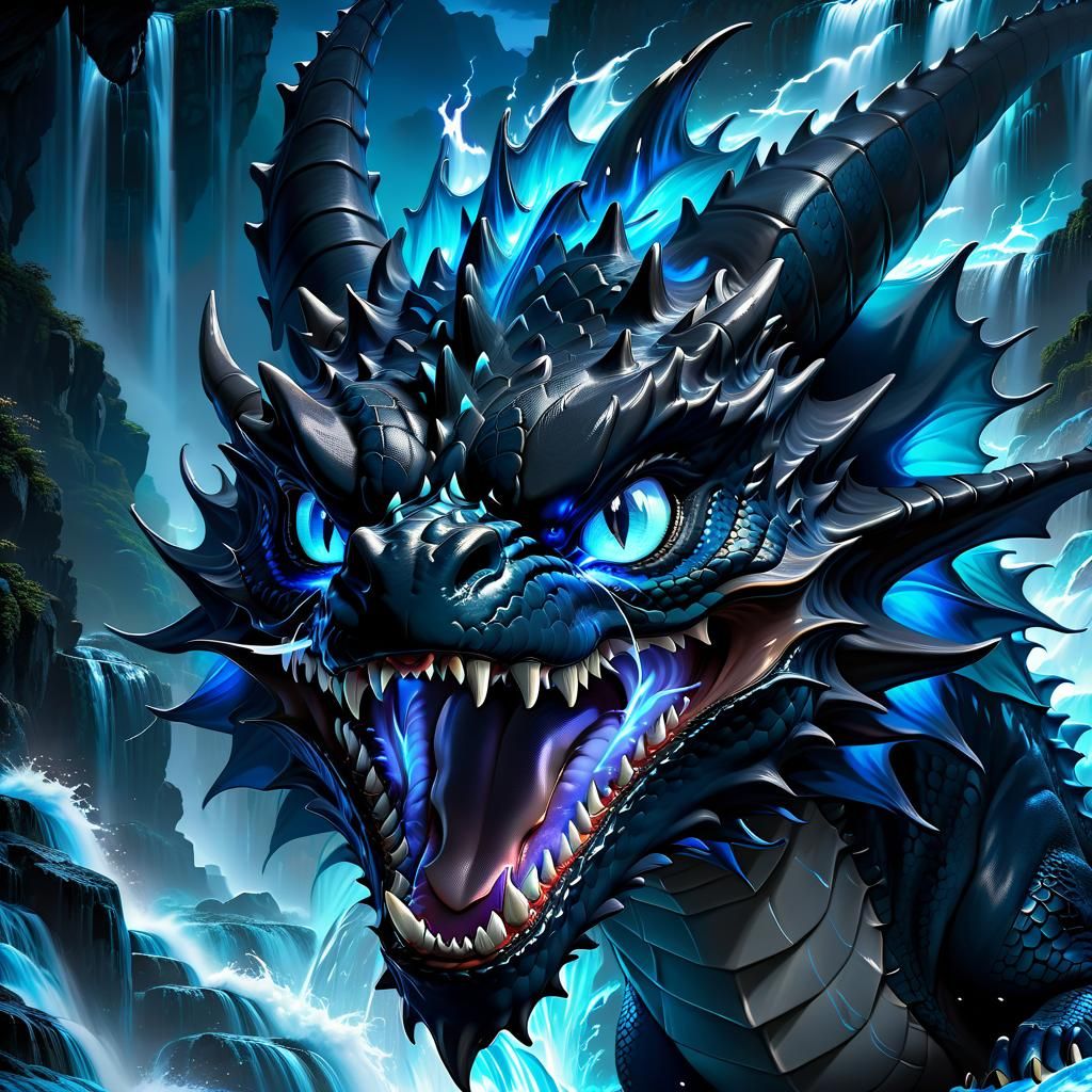 Anime Dragon Roaring in a Bioluminescent Waterfall