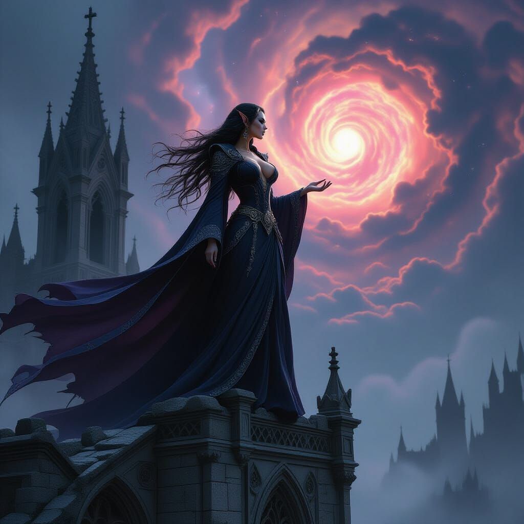 Elven Sorceress on Gothic Tower in Dark Fantasy