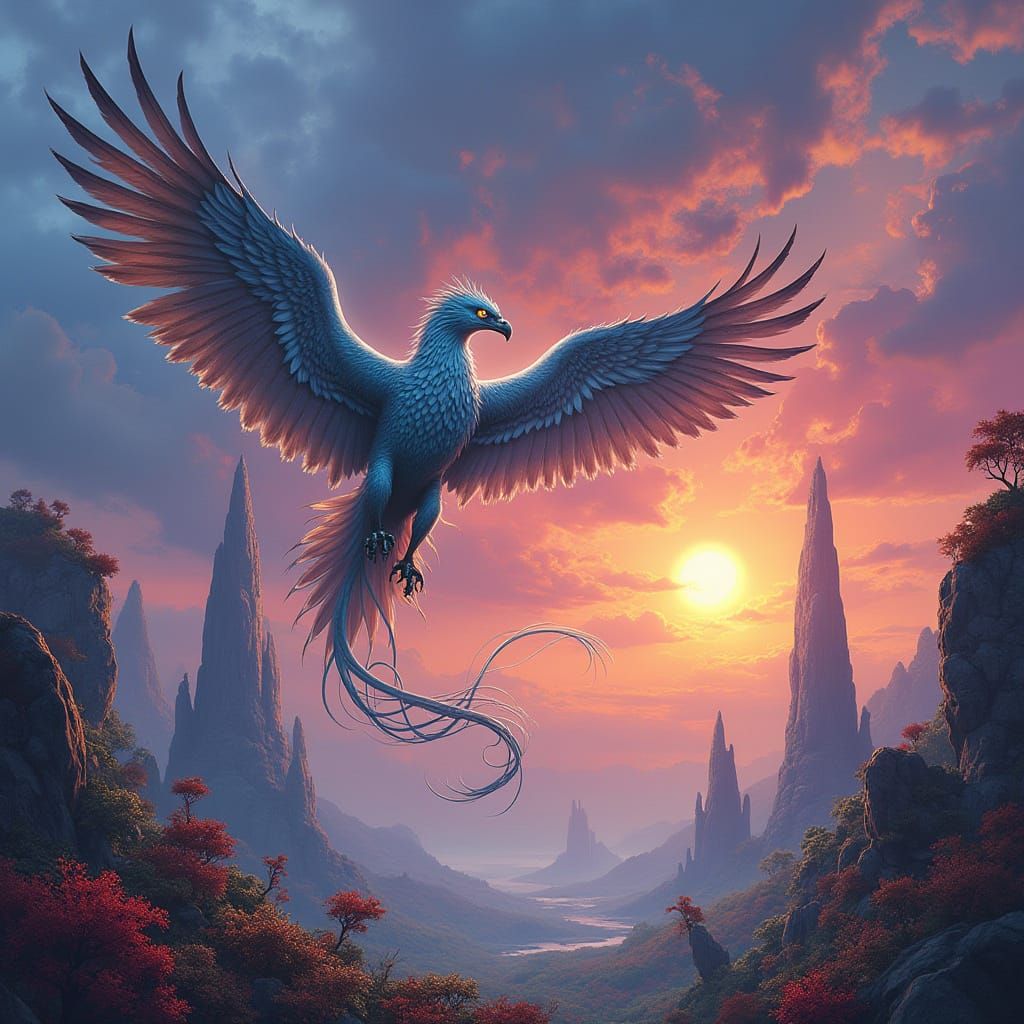 Griffin Soaring Through Alien Sky in Digital Painting