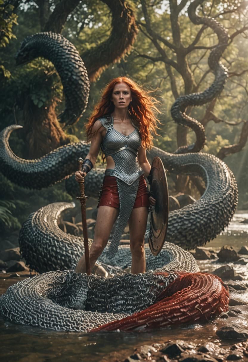 Victorious Red-Haired Woman in Chainmail Armor