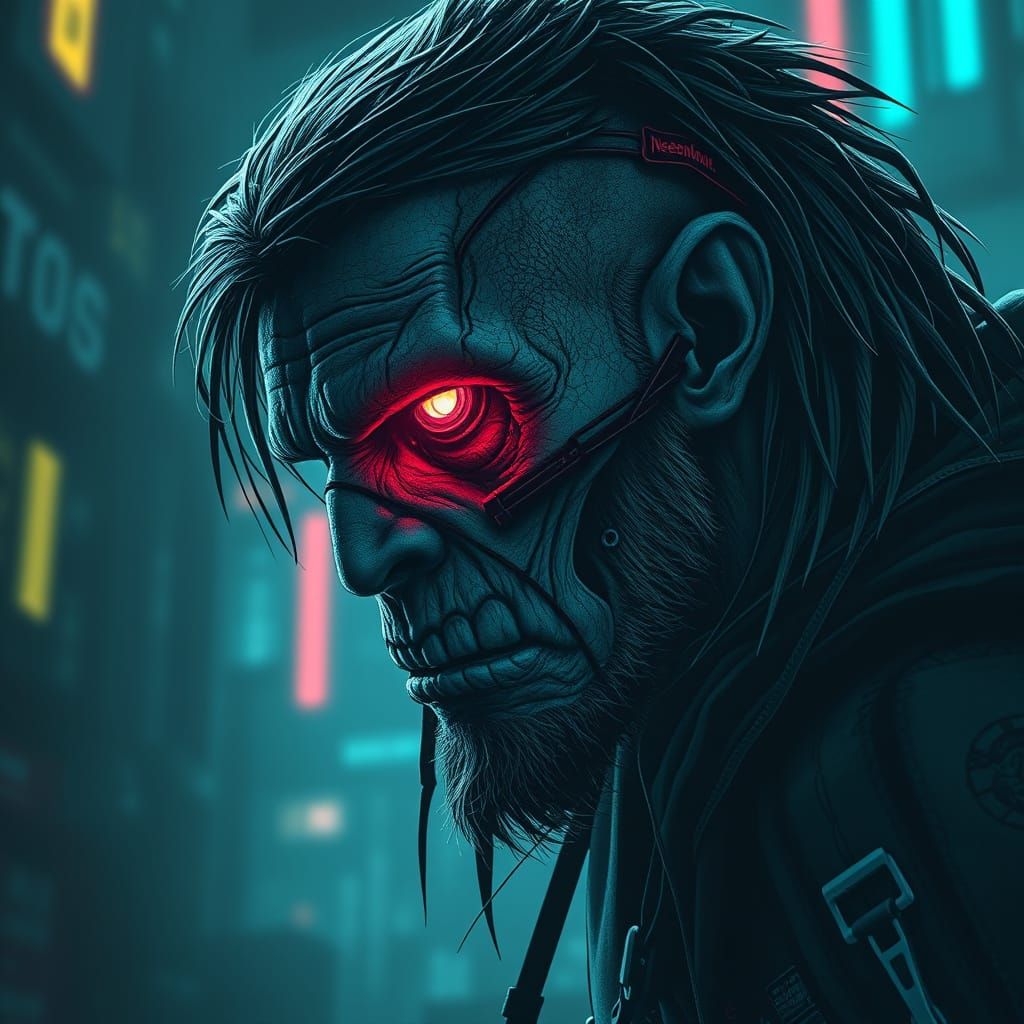 Cyberpunk Neanderthal in Neon Futuristic Landscape