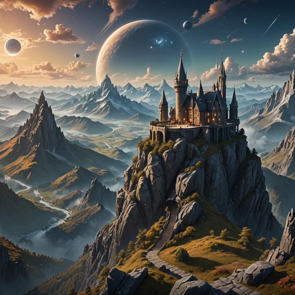 Mystical Observatory with Wizard Gazing at Celestial Realms