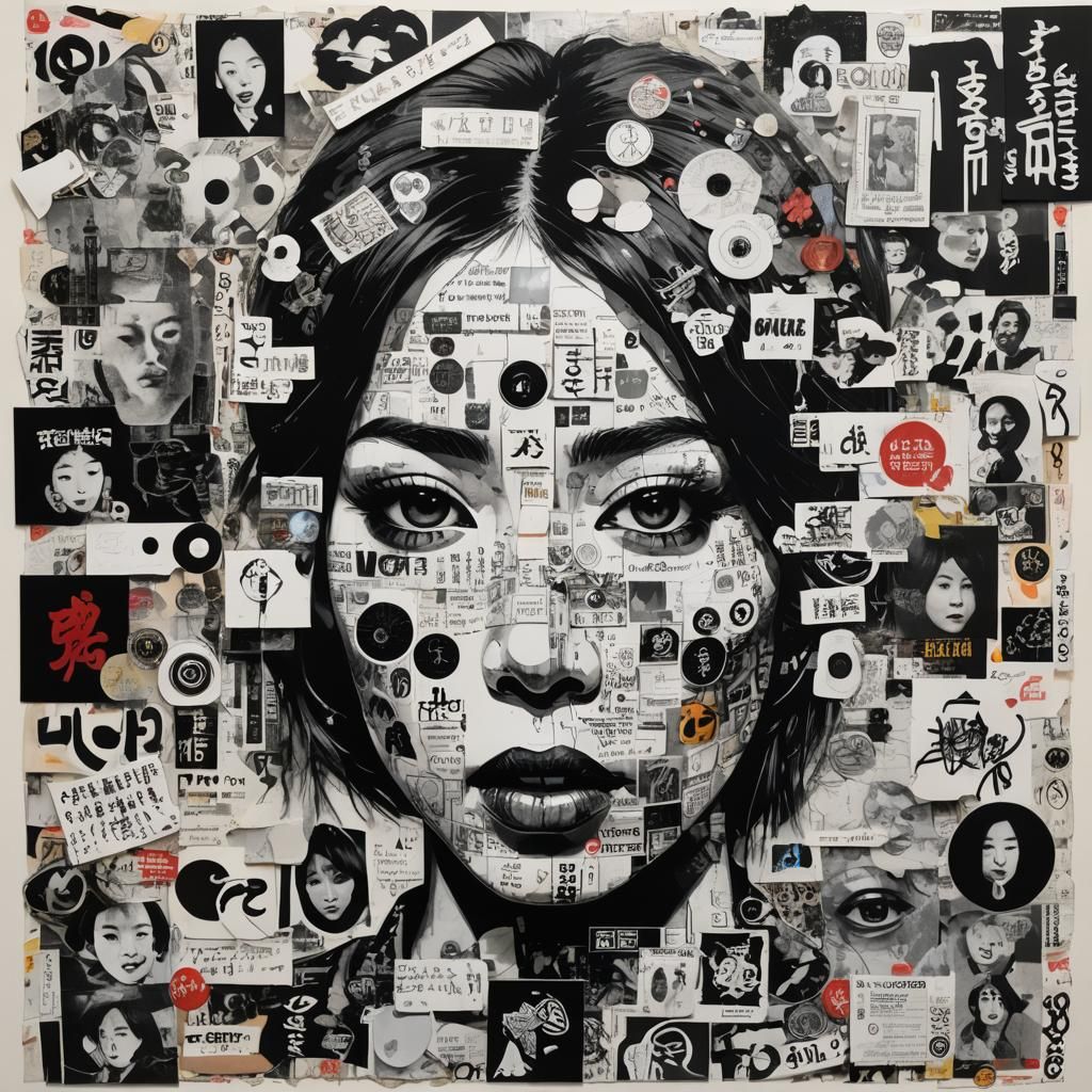Energetic Mixed-Media Collage of Woman's Face