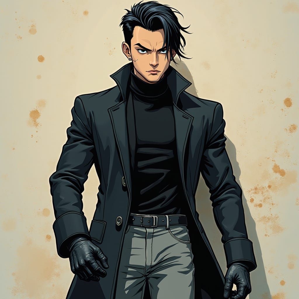 Tall, Lean Anime Hero in Dark Coat and Gloves