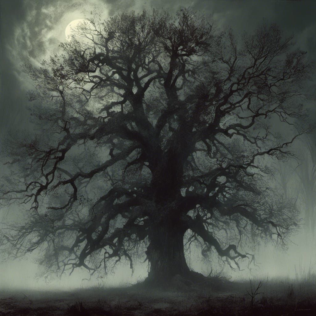 Large oak tree, night, foggy, moonlight, scary, creepy sinister by Greg Rutkowski <lora:Macabre:1.0>