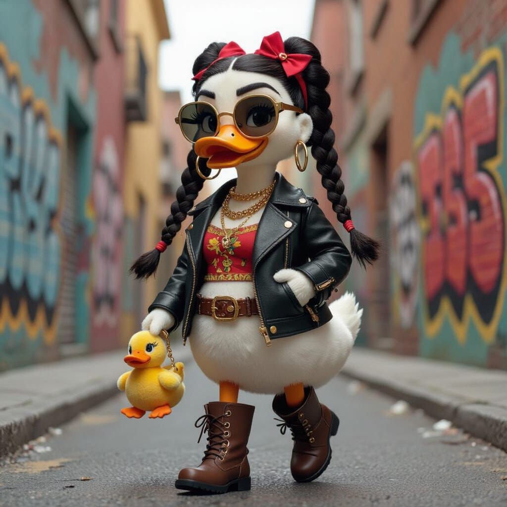 Latina Duck Struts Down Urban Street, Mary Blair Style