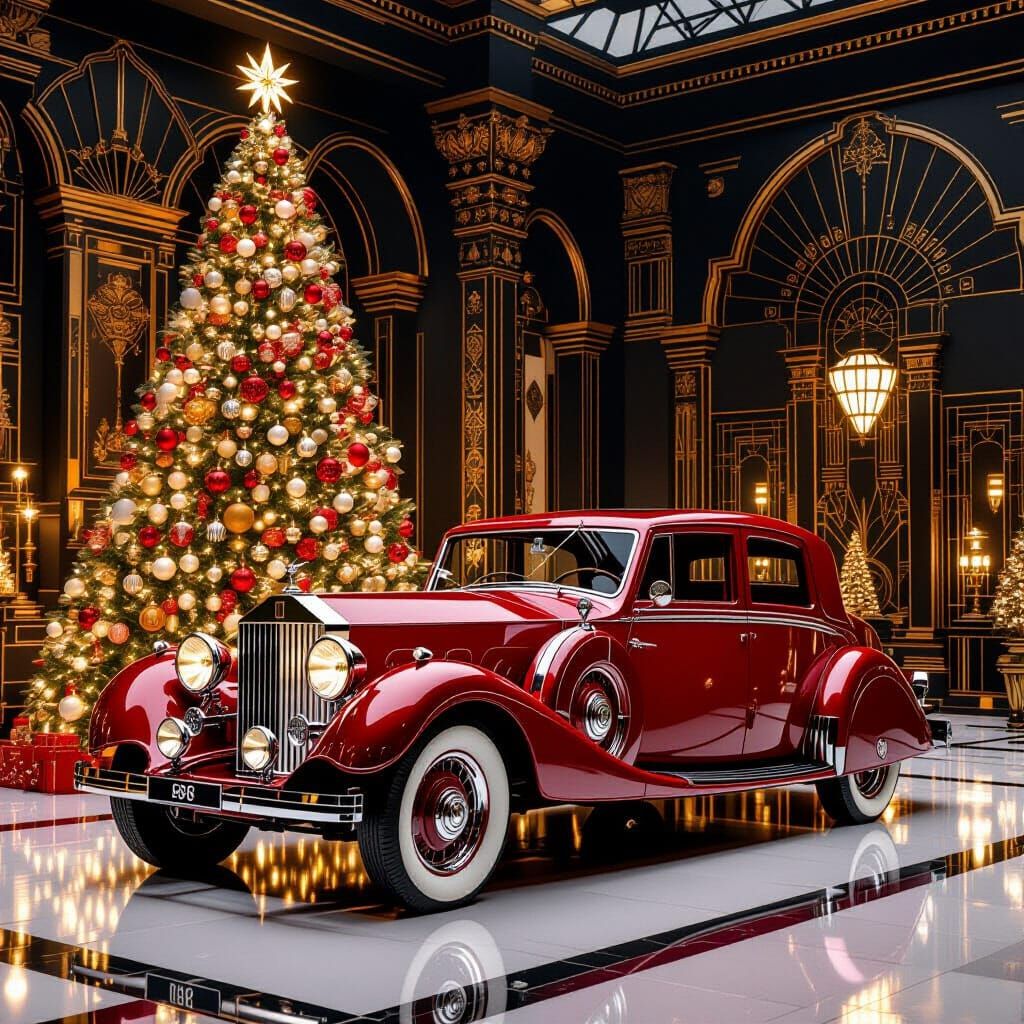 Vintage Rolls-Royce & Christmas Tree in Art Deco Showroom