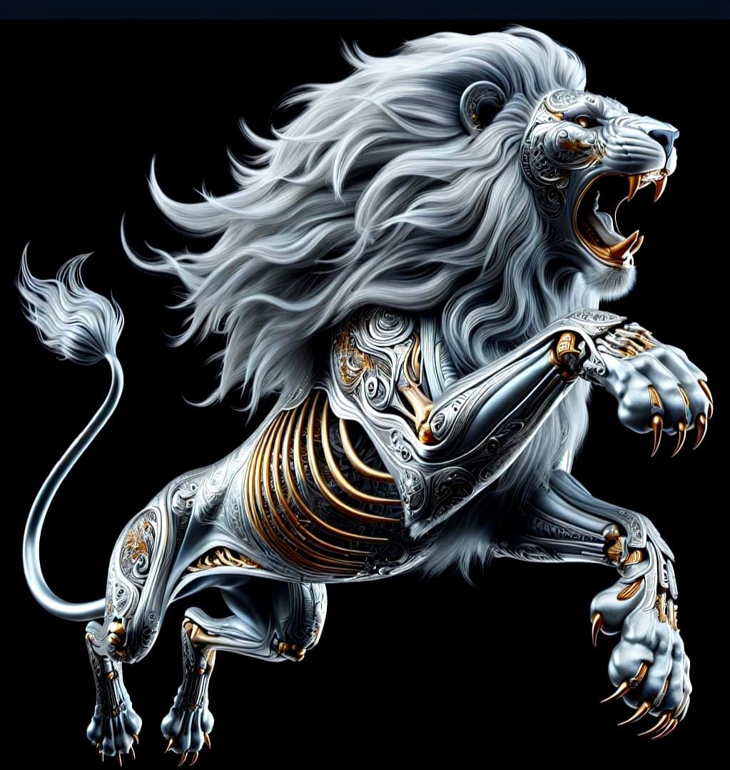 Hyper-Realistic Silver Lion with Golden Bones and Claws
