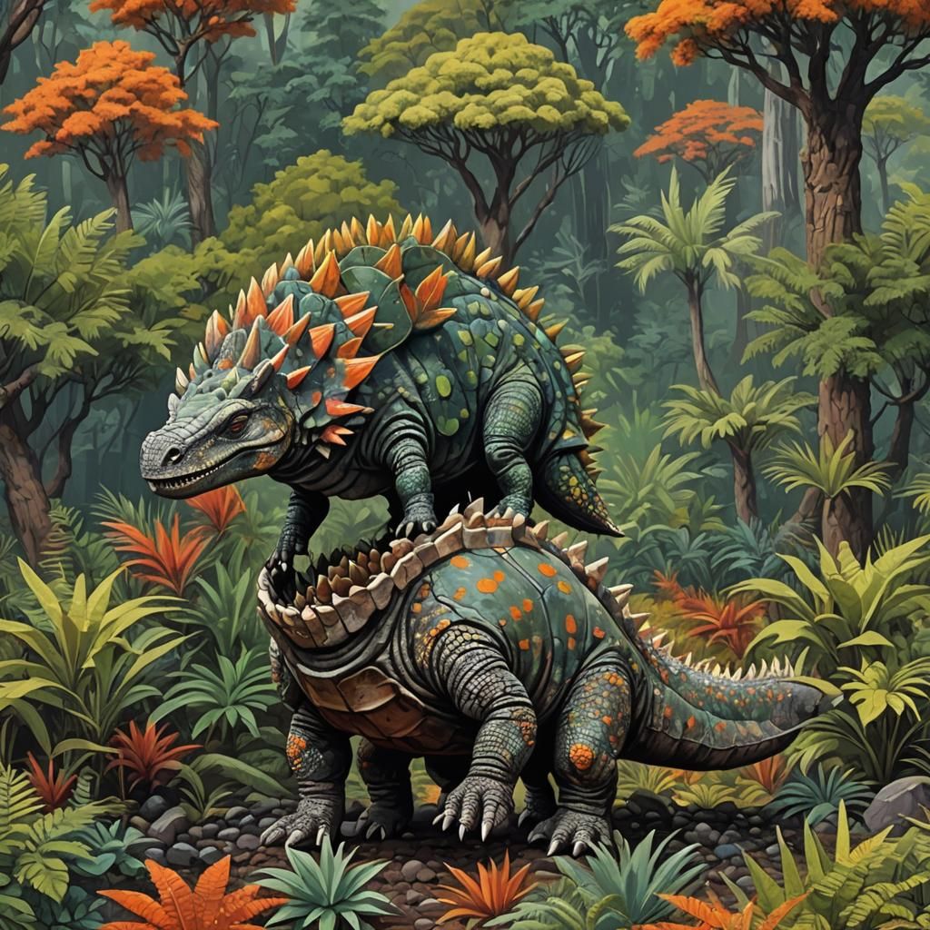 Ankylosaurus in Volcano Forest: Abstract Art