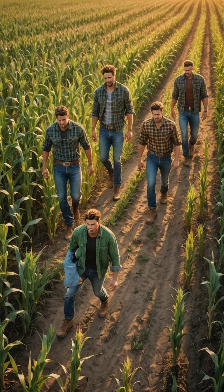 Muscular Men Walking in Golden Cornfield, Hyperrealistic
