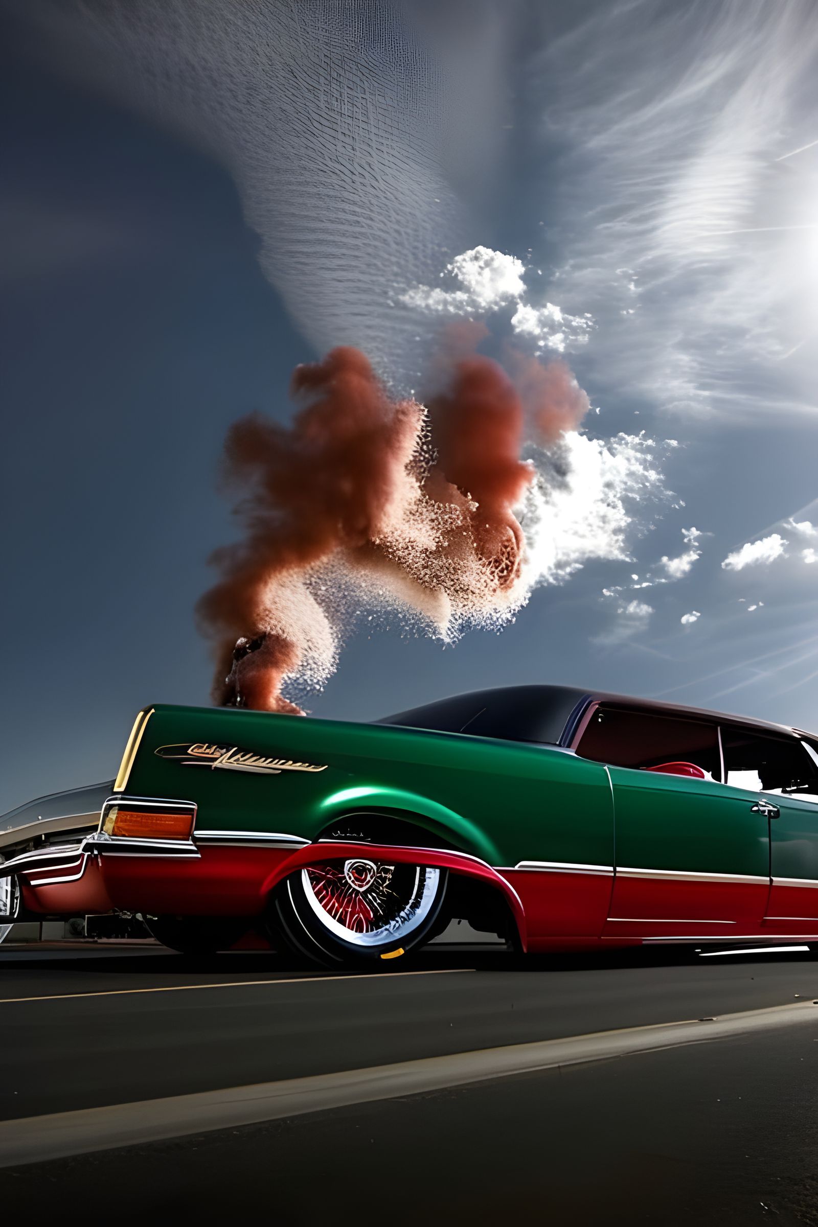 Candy Red Cadillac Lowrider Drag Racer with Golden Accents